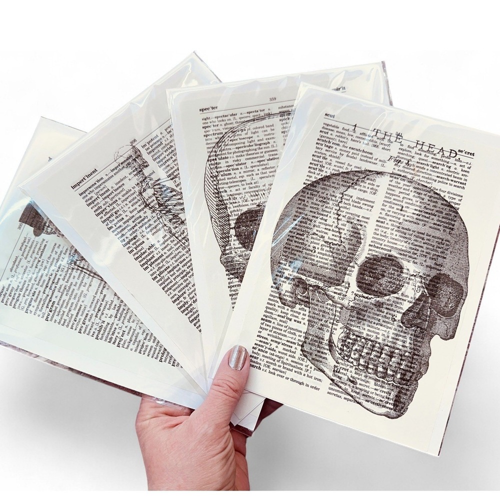 Skeleton Skull Spooky Upcycled Dictionary Art Prints Lot 4 Mini Poster Set‎ OOAK - Picture 2 of 14